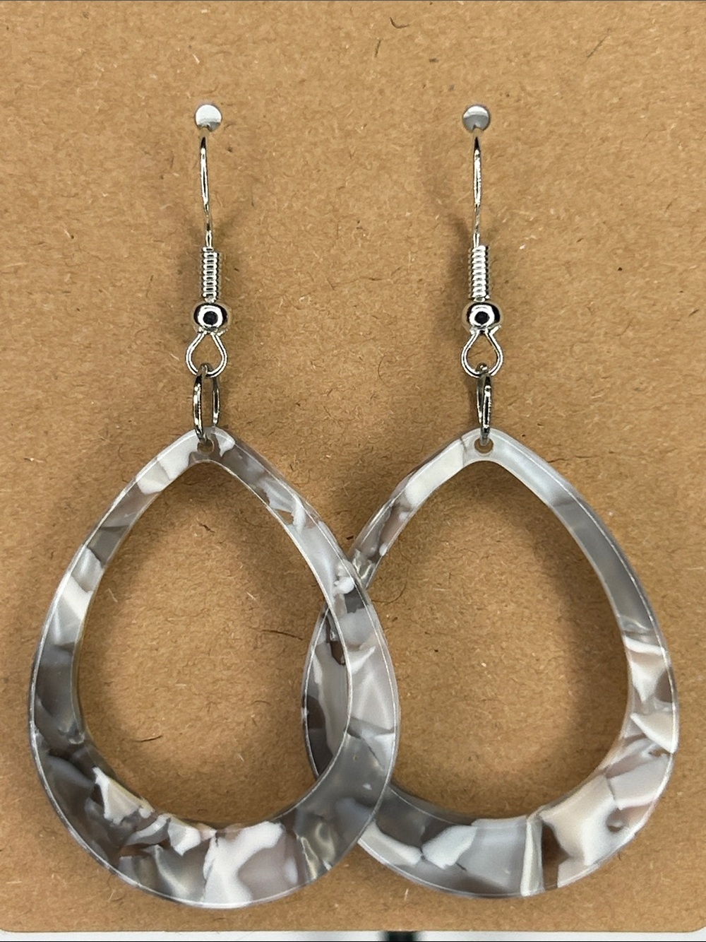 Grey Marbled Teardrop Resin Dangle Earrings - Women Fashion Jewelry